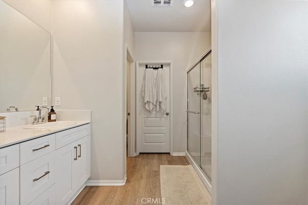 Bathroom, Glass Shower, Interior, Recessed Lighting, Wood Texture Flooring
