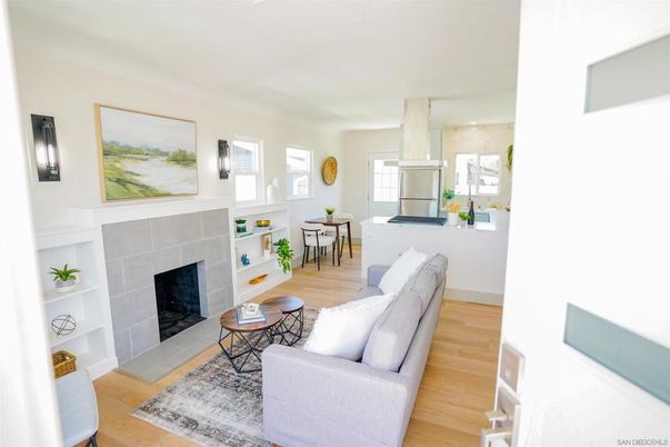 Dining room, Fireplace, Interior, Living room, Wood Texture Flooring