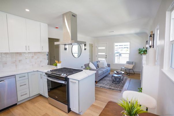 Interior, Kitchen, Living room, Recessed Lighting, Stainless Steel Appliances, Wood Texture Flooring
