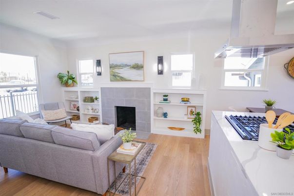 Fireplace, Interior, Kitchen, Living room, Wood Texture Flooring