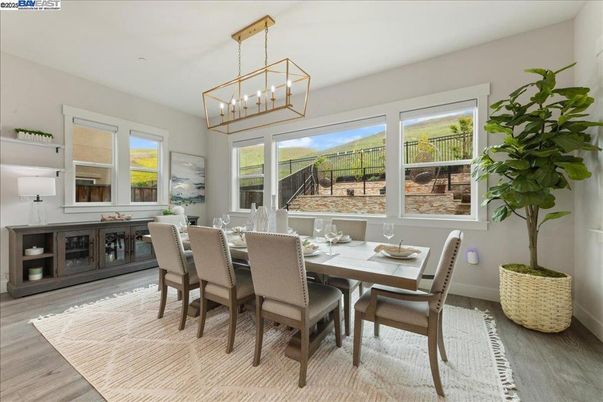 Dining room, Interior, Pendant Lights, Wood Texture Flooring