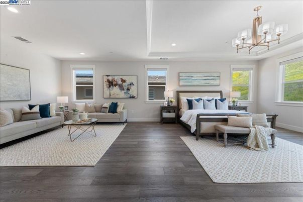 Bedroom, Chandelier, Interior, Living room, Recessed Lighting, Wood Texture Flooring
