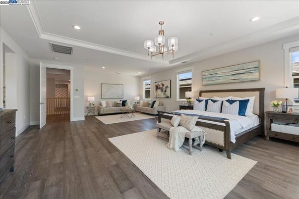 Bedroom, Chandelier, Interior, Recessed Lighting, Wood Texture Flooring