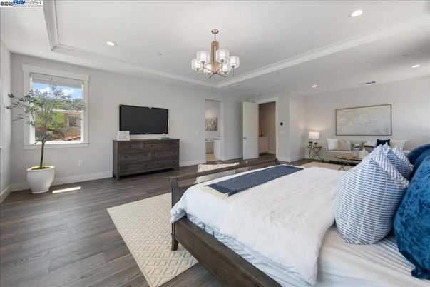 Bedroom, Chandelier, Interior, Recessed Lighting, Wood Texture Flooring