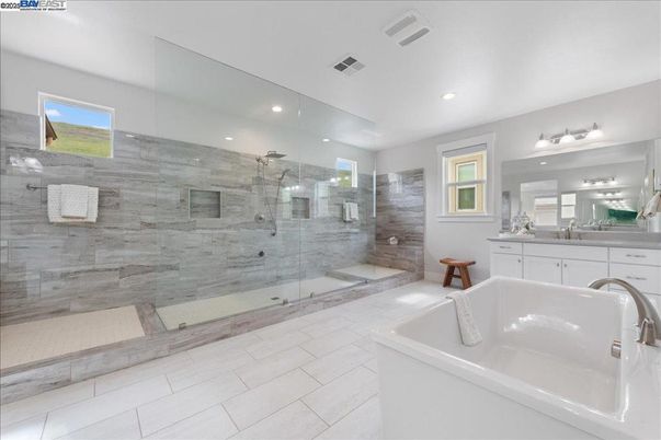 Bathroom, Dual Sink Vanities, Glass Shower, Interior, Recessed Lighting
