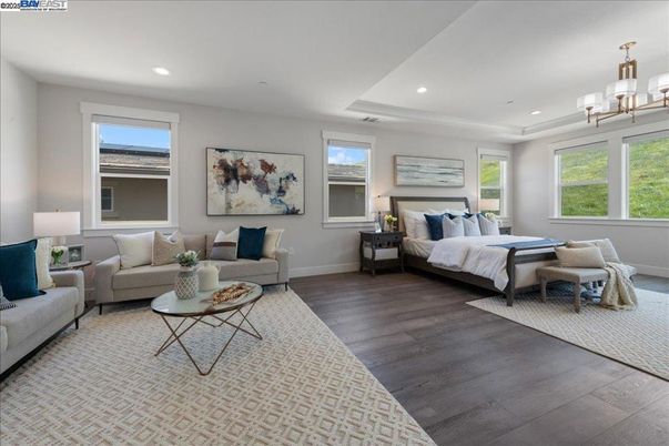 Bedroom, Chandelier, Interior, Recessed Lighting, Wood Texture Flooring