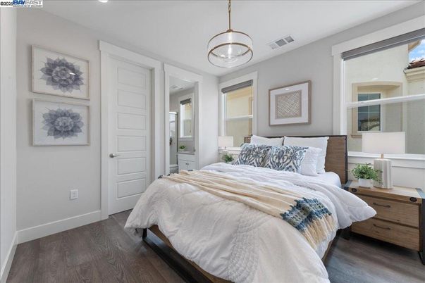 Bedroom, Interior, Pendant Lights, Recessed Lighting, Wood Texture Flooring