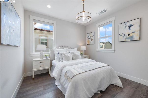 Bedroom, Interior, Pendant Lights, Recessed Lighting, Wood Texture Flooring