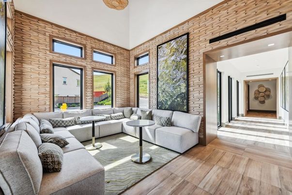 Interior, Living room, Recessed Lighting, Stone Walls, Wood Texture Flooring
