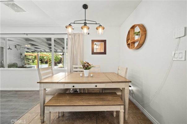Dining room, Interior, Pendant Lights, Wood Texture Flooring