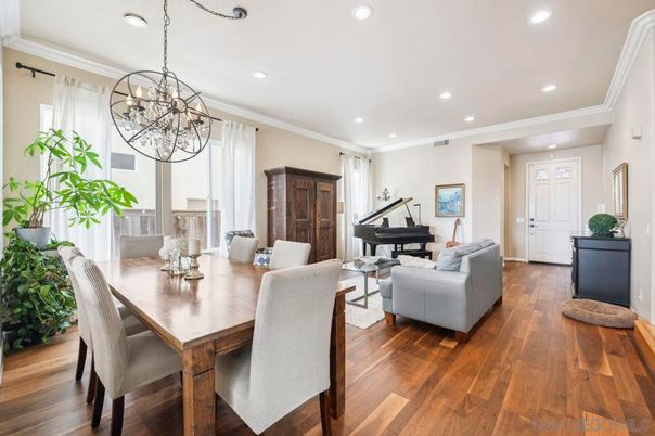 Dining room, Interior, Living room, Pendant Lights, Piano, Recessed Lighting, Wood Texture Flooring