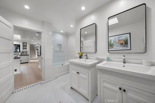 Bathroom, Dual Sink Vanities, Interior, Recessed Lighting, Wood Texture Flooring