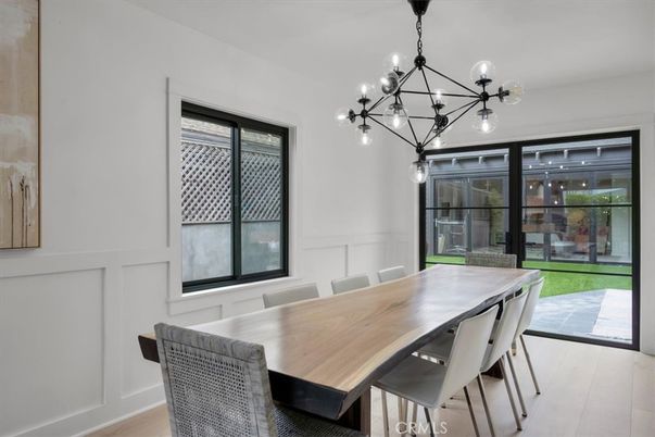 Dining room, Interior, Pendant Lights, Wood Texture Flooring