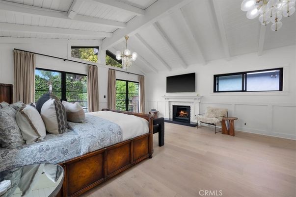 Bedroom, Chandelier, Fireplace, Interior, Wood Texture Flooring