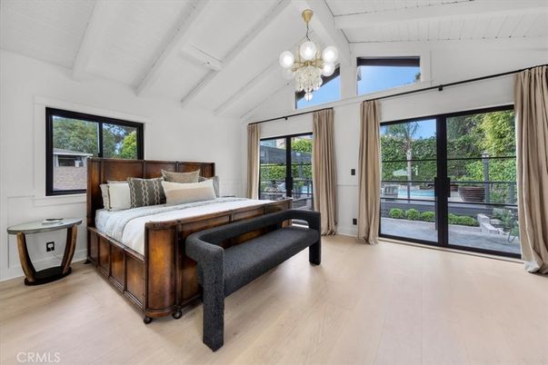 Bedroom, Chandelier, Interior, Wood Texture Flooring