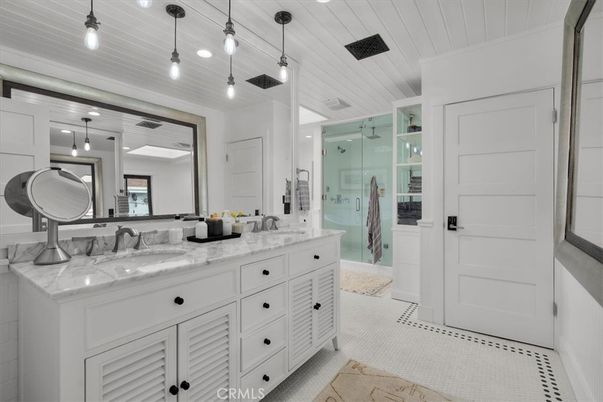 Bathroom, Dual Sink Vanities, Glass Shower, Interior, Pendant Lights