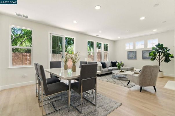 Dining room, Interior, Living room, Recessed Lighting, Wood Texture Flooring