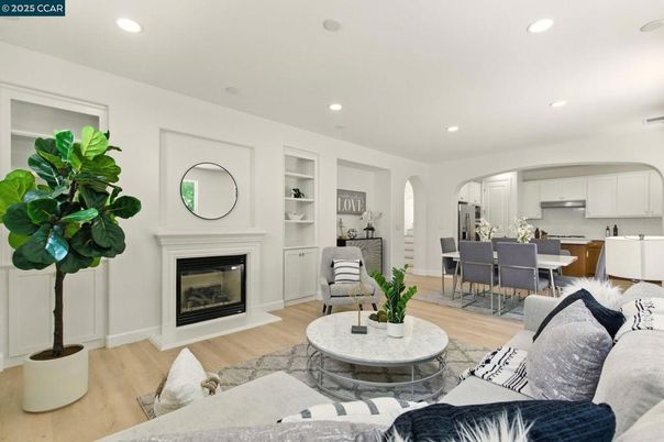 Dining room, Fireplace, Interior, Kitchen, Living room, Recessed Lighting, Wood Texture Flooring