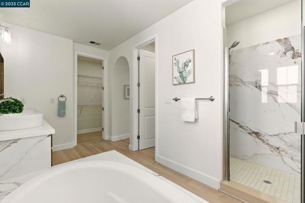 Bathroom, Glass Shower, Interior, Marble Walls, Wood Texture Flooring