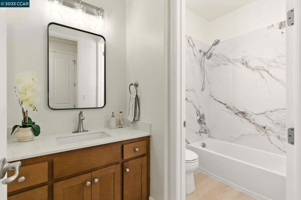 Bathroom, Interior, Marble Walls, Wood Texture Flooring