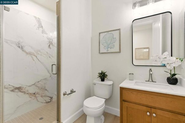 Bathroom, Glass Shower, Interior, Marble Walls, Wood Texture Flooring