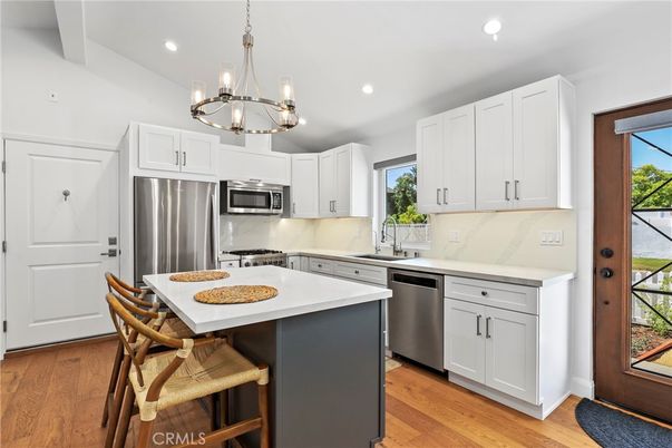 Chandelier, Interior, Kitchen, Recessed Lighting, Stainless Steel Appliances, Wood Texture Flooring