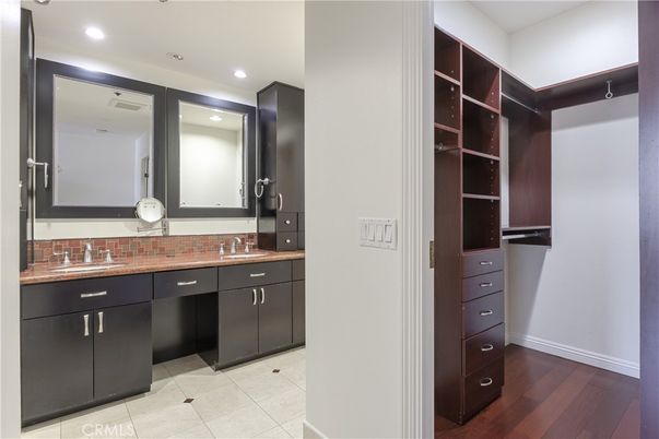 Bathroom, Dual Sink Vanities, Interior, Recessed Lighting, Wood Texture Flooring