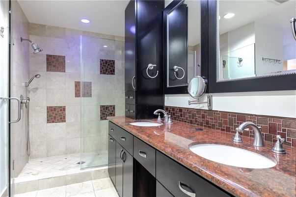 Bathroom, Dual Sink Vanities, Glass Shower, Interior, Recessed Lighting
