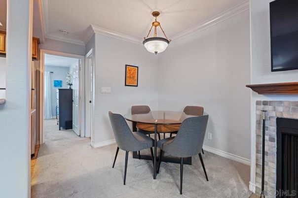 Dining room, Fireplace, Interior, Pendant Lights