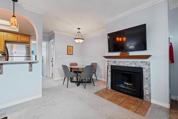 Dining room, Fireplace, Interior, Kitchen, Pendant Lights