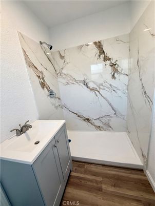 Bathroom, Interior, Marble Walls, Wood Texture Flooring