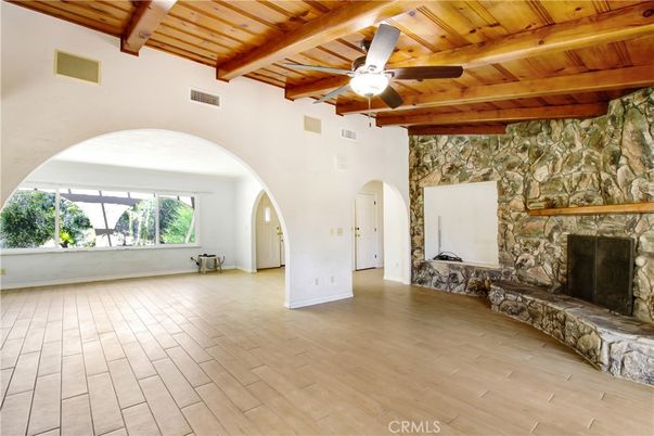 Empty room, Fireplace, Interior, Stone Walls, Wooden Beams, Wooden Ceilings, Wood Texture Flooring