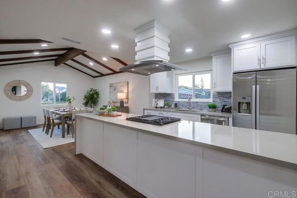 Dining room, Interior, Kitchen, Recessed Lighting, Stainless Steel Appliances, Wooden Beams, Wood Texture Flooring