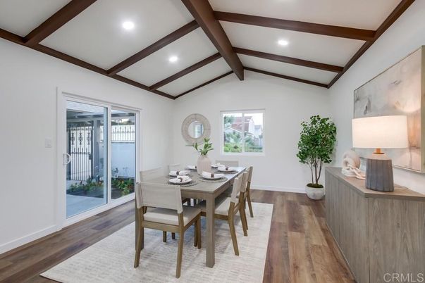 Dining room, Interior, Recessed Lighting, Wooden Beams, Wood Texture Flooring