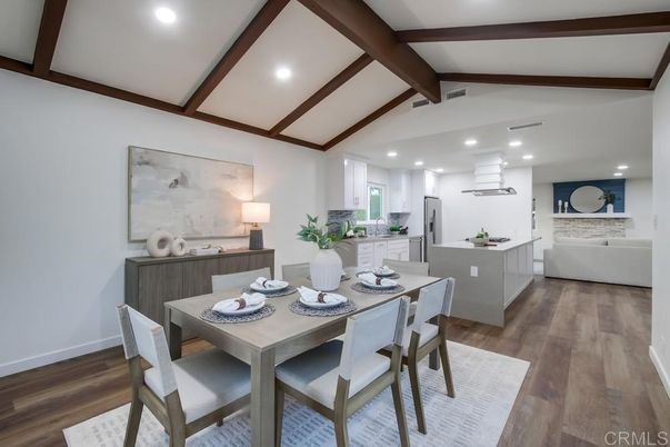 Dining room, Interior, Kitchen, Pendant Lights, Recessed Lighting, Wooden Beams, Wood Texture Flooring