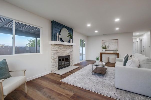 Fireplace, Interior, Living room, Recessed Lighting, Wood Texture Flooring