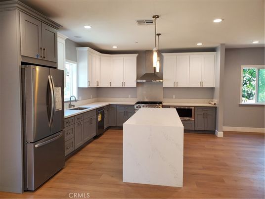Interior, Kitchen, Pendant Lights, Recessed Lighting, Stainless Steel Appliances, Wood Texture Flooring