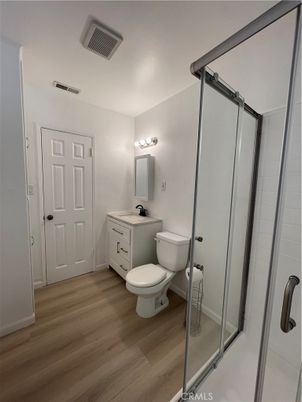 Bathroom, Glass Shower, Interior, Wood Texture Flooring