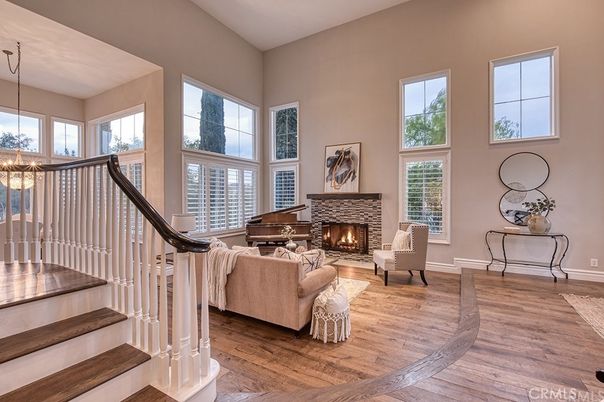 Fireplace, Interior, Living room, Pendant Lights, Piano, Wood Texture Flooring