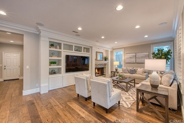 Fireplace, Interior, Living room, Recessed Lighting, Wood Texture Flooring