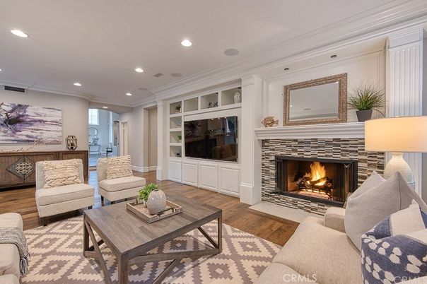 Fireplace, Interior, Living room, Recessed Lighting, Wood Texture Flooring
