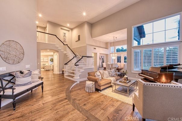 Dining room, Interior, Living room, Pendant Lights, Piano, Recessed Lighting, Wood Texture Flooring