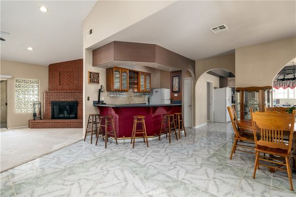 Dining room, Fireplace, Interior, Marble, Recessed Lighting, Stone Walls