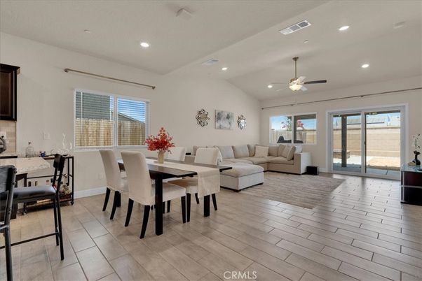 Dining room, Interior, Living room, Recessed Lighting, Wood Texture Flooring