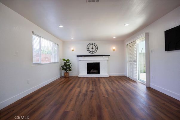 Empty room, Fireplace, Interior, Recessed Lighting, Wood Texture Flooring