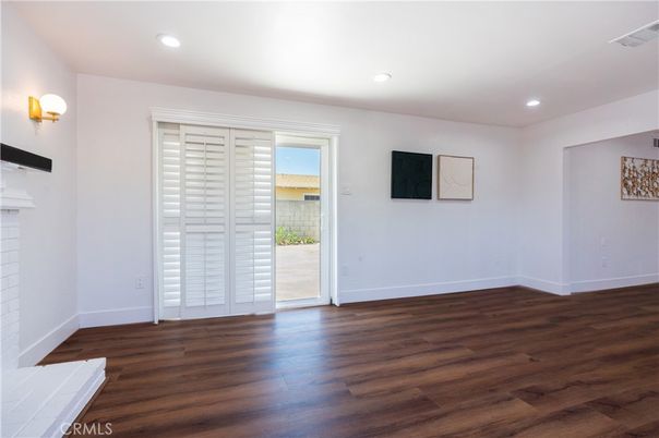Empty room, Fireplace, Interior, Recessed Lighting, Wood Texture Flooring