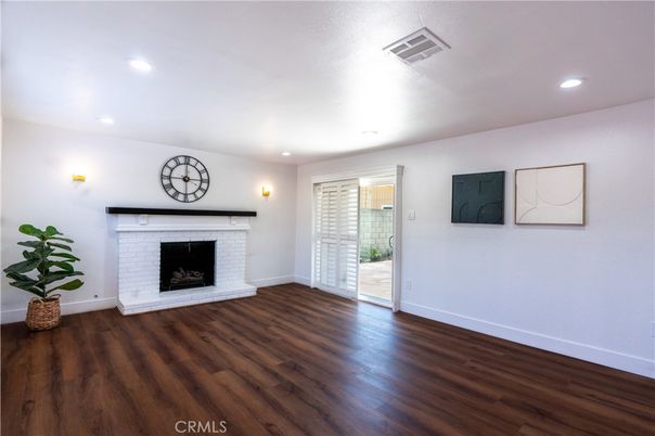 Empty room, Fireplace, Interior, Recessed Lighting, Wood Texture Flooring