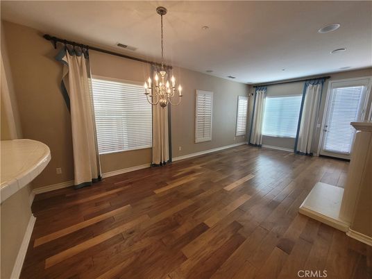 Chandelier, Empty room, Interior, Recessed Lighting, Wood Texture Flooring