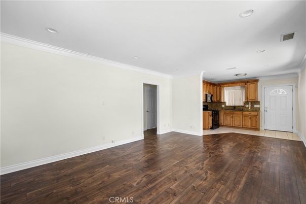 Empty room, Interior, Kitchen, Recessed Lighting, Wood Texture Flooring