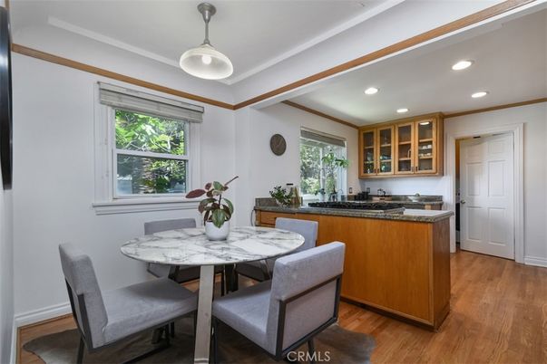 Dining room, Interior, Pendant Lights, Recessed Lighting, Wood Texture Flooring